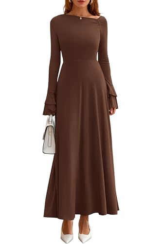 PRETTYGARDEN Womens Dresses Formal Off The Shoulder Long Sleeve Ruched Knit A-Line Maxi Wedding Guest Dress Fall Clothes