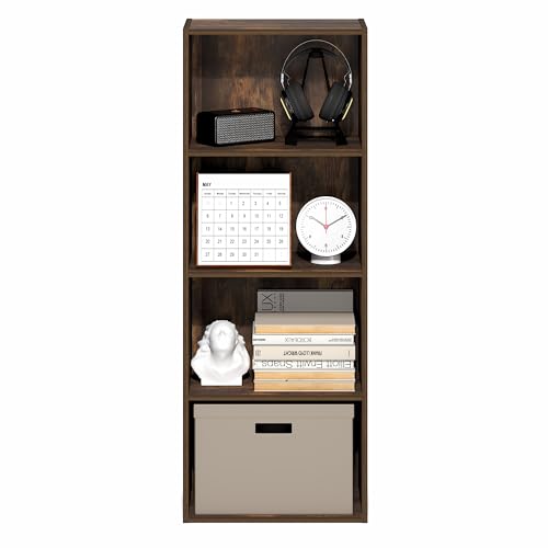 Image of Furinno LUDER Book Shelf, 4-Tier Bookshelf, Bookcase with Open Shelf, 9.3 x 15.6 x 41.7, for Corner, Living Room, Bedroom, Home Office, Amber Pine