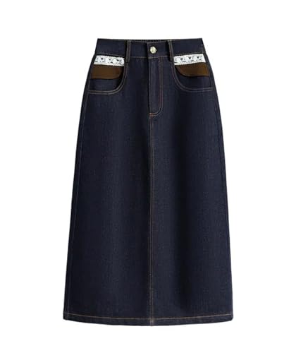 Women's High Waist Denim Skirt Classic Midi Length Lace Pocket Casual Office Denim Skirt Daily Wear Blue2