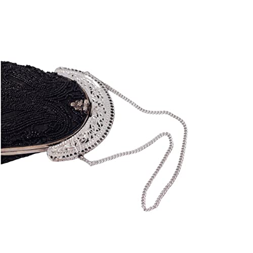 Bolsa Clutch Tecido Bordada Mão Com Miçanga Preta e Acabamento Prata Luxo E Elegancia Moda Feminina