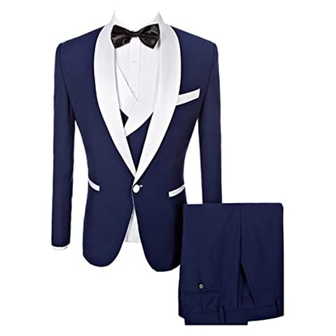 Lacoac Men's Party Three Pieces Tuxedo Suits One Button Shawl Lapel Set Formal Prom Daily Jacket Vest & Pants Navy Blue Cover