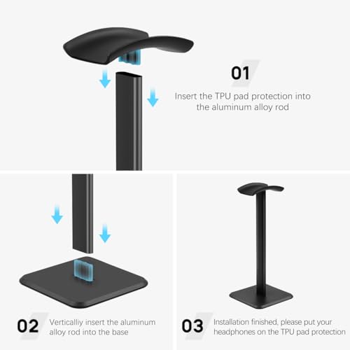 JIKIOU Headphone Stand Gaming Headset Holder Universal Aluminum Metal Headphones Holder Hanger with Aluminum Supporting Bar Flexible Headrest ABS Solid Base for All Headphone 2 Pack (Black) - Image 5