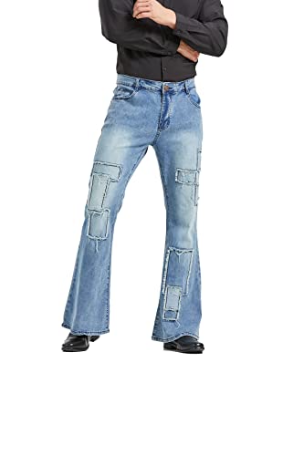 Image of Men's Vintage Flared Leg Denim Jeans Classic Patchwork Bell Bottom Denim Pants