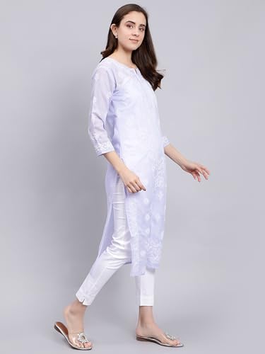 Image of Seva Chikan Hand Embroidered Lucknowi Chikankari Terivoil Cotton Regular Fit Straight Kurta for Women SCL4351