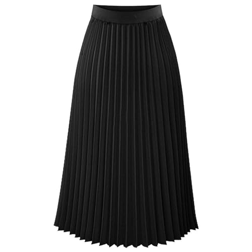 Womens Pleated Midi Skirt,High Waist Swing Boho Pleated Skirt Casual Chiffon Elastic A-line Long Skirts