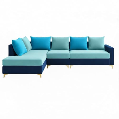 Image of FURNY Gloriss 6 Seater Fabric LHS L Shape Sofa Set with Multi-Color Aqua Blue Cushions (Sky Blue-Dark Blue) Premium Velvet Finish with Golden Legs | Ideal for Living Room, Offices