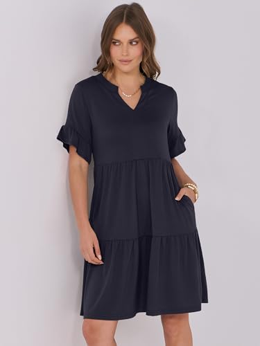 Image of ANRABESS Women's Summer Casual Dress, V-Neck Ruffle Sleeve Tiered Mini Dress, Soft Comfy Fabric with Pockets for All-Day Wear