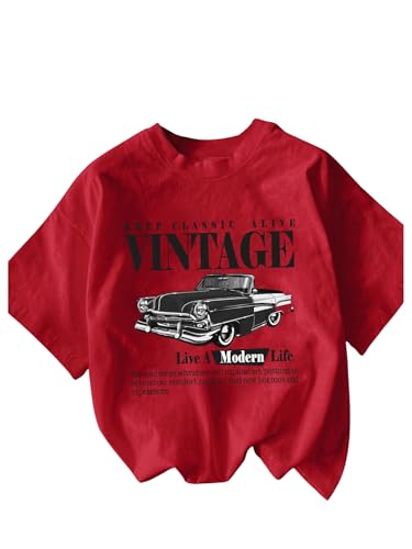 RoseSeek Women's Graphic Letter Tee Crew Neck Drop Shoulder Trendy Summer T Shirt Short Sleeve Vintage Car Print Top Red and Black Small