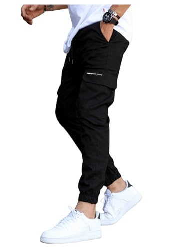 OYOANGLE Men's Letter Patched Drawstring Waist Jogger Pants Athletic Workout Sweatpants with Pocket Streetwear