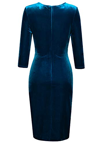 Fantaist Pencil Dresses, Women's Deep V Neck Wrap Ruched Velvet Evening Cocktail Dress (XL, FT641-Dark Cyan)