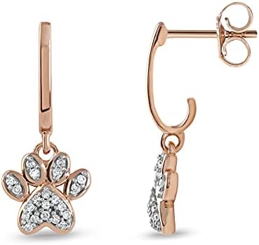 10K Rose Gold 1/10CT TDW Diamond Dog Paw Print Dangle Earrings Love Jewelry for Women Girl by DZON (I-J, I2)