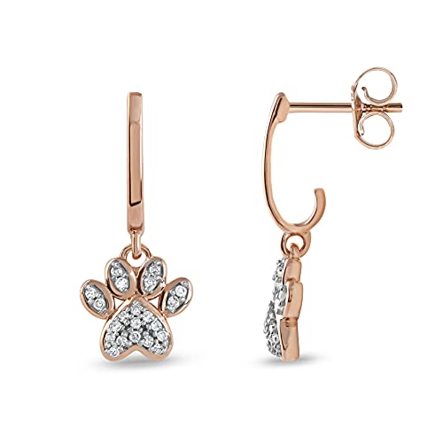 10K Rose Gold 1/10Ct Tdw Diamond Dog Paw Print Dangle Earrings Love Jewelry For Women Girl By Dzon (I-J, I2) #TOP2