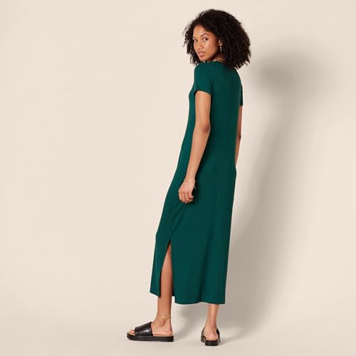 Image of Amazon Essentials Women's Regular Fit V-Neck Short Sleeve Midi Length T-Shirt Dress, Soft Viscose Stretch Jersey, Side Slits