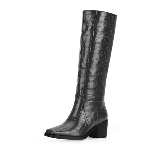 Women's Chunky Heel Square Toe Knee High Boots Slip On Patent Leather Crocodile Boots