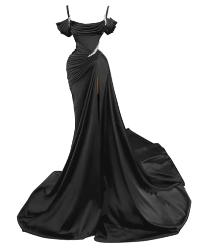 Mermaid Prom Dresses for Women Sparkly Beaded Satin Formal Dress with Slit Off Shoulder LW133