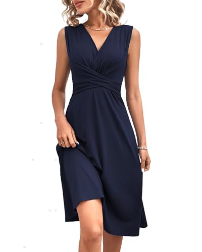 QUNERY Robe Femme Col en V Robes Manches Elégante A-Line Casual et Chic Dress Été Couleur Unie Mini Bleu Marine L