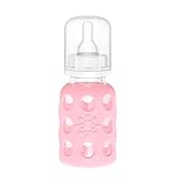 Lifefactory 4-Ounce BPA-Free Glass Baby Bottle with Protective Silicone Sleeve and Stage 1 Nipple, Pink