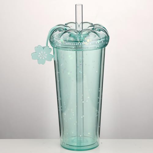 FLYILIA タンブラー ストロー付きタンブラー プラスチック製 ストローコップ 桜の花 ダブルウォール 水筒 蓋付き ストローマグ ストローボトル プラスチックコップ おしゃれ 耐熱 耐冷 真空断熱 二重構造 広口 業務用 子供用 家庭用 漏れ防止 ウ