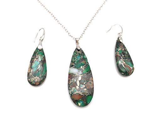 Teardrop Sea Sediment Imperial Jasper Natural Stone Gemstone Necklace Pendant & Drop Dangle Hook Earrings Jewelry Set For Women Girls (Green Sea Sediment Imperial Jasper)