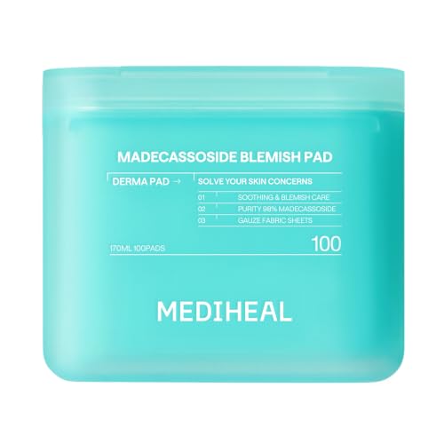 Image of MEDIHEAL Madecassoside Blemish Pad, Square Cotton Facial Toner Pads with Centella Asiatica & Madecassoside, Korean Calming Toner Pads for Acne Blemish Care, Soothing Hydrating Facial Pads to Improve Uneven Skin Tone, Vegan (100 Pads, 170ml)