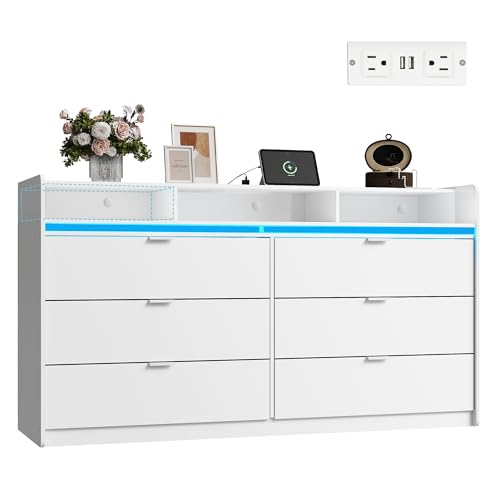 WLIVE 9 Drawer Led Dresser for Bedroom, 58.35'' White Wood Dresser Storage Organizer with Power Outlets for 65'' TV, Dressers with Open Shelves, Chest of Drawers for Closet, Living Room