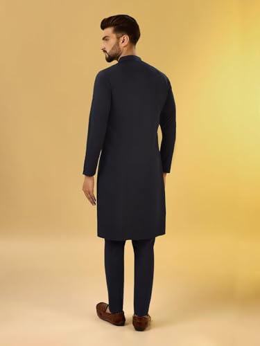 Kisah Men's Kurta, Navy Blue Cotton, Embellished Regular Fit Long Sleeves Mandarin Collar (Xl)