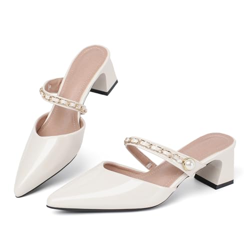 Mules Heels for Women Closed Pointed Toe Leather Backless Block Heels Pumps Comfortable Slip on High Heeled Sandals Prom Wedding Dress Shoes