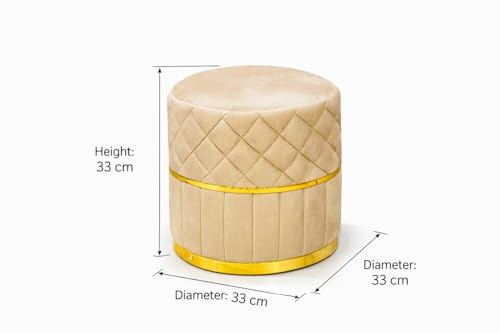 Image of Premium Velvet Puffy Ottoman Stool for Living Room, Bedroom and Dressing Area | Round Footrest with Diamond Quilting and Gold Base | Soft, Stylish and Durable Seating (Cream)