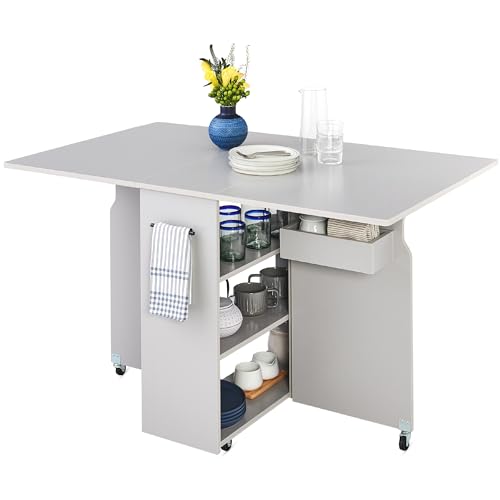Best Choice Products Folding Dining Table, Multipurpose Space Saving Collapsible Drop Leaf Extension Desk w/Wheels, 3 Storage Shelves - Cement Gray