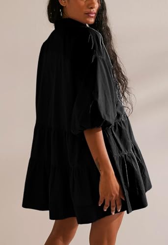 Image of chouyatou Women's Summer Puff Sleeve Tiered Tunic Babydoll Dress Cute Mini Button Down Shirt Dress
