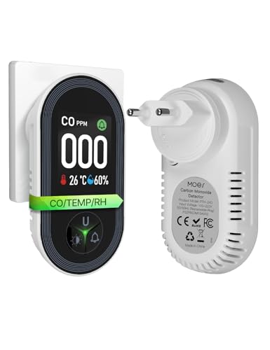 Detector de Monóxido de Carbono con Enchufe - Detector de CO 3 en 1 con Sensor de Temperatura & Humedad - Alarma Sonora para GLP, Propano, Metano, Etano y CO - para Casa y Autocaravana​