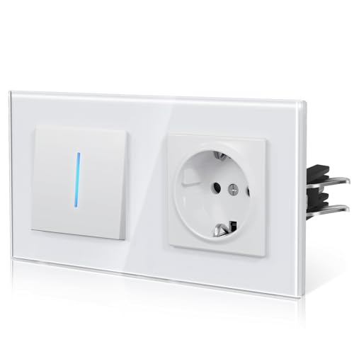BSEED Interrupteur de lumière avec prise en verre, interrupteur de plâtrage rétroéclairé avec griffe, commutable nouvelle série E, 1 Gang 1 voie, blanc 157mm
