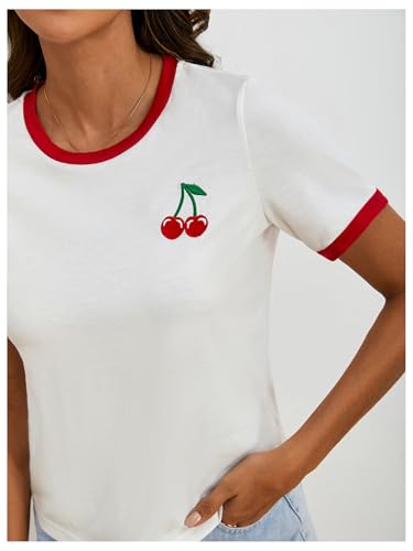 Women's Cherry Embroidery Print Shirt Contrast Color Neck Tee Short Sleeve Graphic Casual T Shirt Summer Tee Tops3