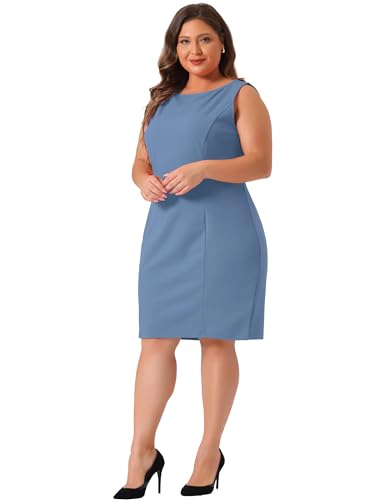 Image of Agnes Orinda Plus Size Sheath Dress for Women Sleeveless Boat Neck Casual Straight Pencil Work Dresses