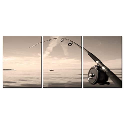 Biuteawal 3 Piece Canvas Print Fishing Wall Art Close Up View Of Brown Fishing Rod Picture Painting Ocean Nature Photography Vintage Artwork Home Office Bathroom Bedroom Decor Ready To Hang #TOP16