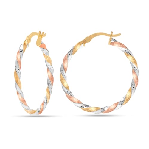 LeCalla Real 925 Sterling Silver Hoop Earrings | 14K Gold-Plated Three-Tone Twisted Earring Jewelry | Light-Weight Italian Design Click-Top Hoop Earrings for Women