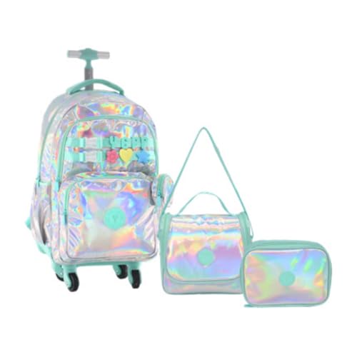 Kit Mochila 20” Efeito Holográfico Feminina Luxo Juvenil 4 Rodinhas 360° Feminino Com Lancheira Térmica E Estojo (VERDE)