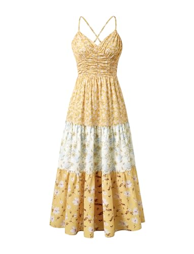 Sunny Spirit Women Floral Maxi Dress Patchwork Sundress Boho Garden Beach Vacation Flowy Tiered Long Dresses Yellow Floral M