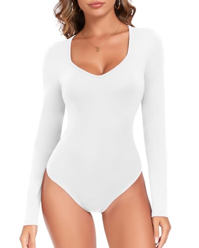WOWENY Body para mujer de manga corta/manga larga, cuello en V, body sexy, body para mujer, body estrecho, body interior elegante, para verano, Manga Larga Blanco, XXL