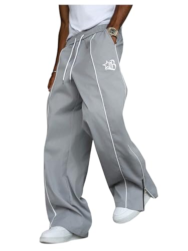 Verdusa Men's Hip Hop Striped Graphic Pants Drawstring Waist Straight Leg Loose Trousers Streetwear