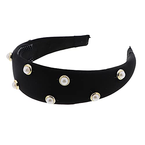 Motique Accessories 2 Inch Chiffon Padded Headband for women with Inset Pearls - Black