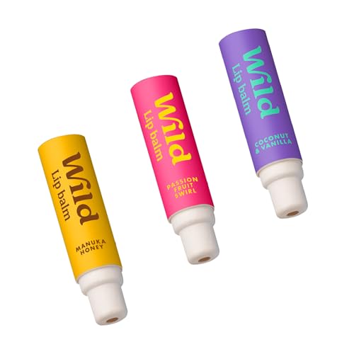 Wild Bálsamo Labial Natural Recargable - Paquete de 3 Recambios de Bálsamo Labial en una Variedad de Esencias - Incluye Passionfruit Swirl, Manuka Honey y Coconut & Vanilla - Sin Cera de Abejas