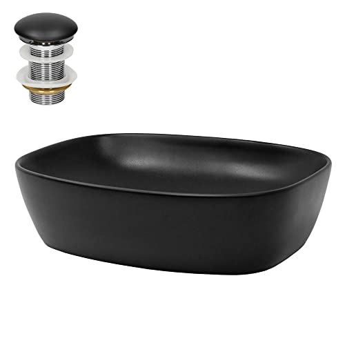 ML-Design Lavabo de Cerámica Negro Mate Con Esquinas Redondeadas 505 x 385 x 140 mm Con Juego De Drenaje Sin Rebosadero Lavamanos Moderno De Encimera Sobremesa Pila Para Baño Aseo Fregadero Colgante