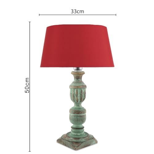 Image of Homesake Handcrafted Wooden Table Lamp for Living Room & Bedroom | Bedside Table Lamp with Fabric Shade|Included Bulb|Rustic Algae French Trophy Wood, Decorative Night Lamp for Home Decor, Red
