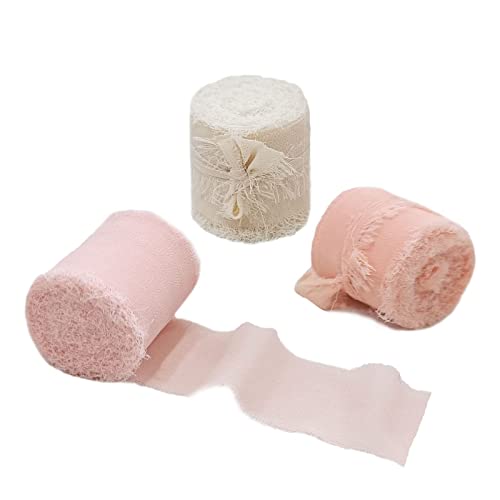 HREDZEO Chiffon Ribbon, 3 Rolls, Beige/Meat Pink/Pink, Wedding, 4 cm x 5 m, Modern, Unique Worn Edges, Handmade Tassel
