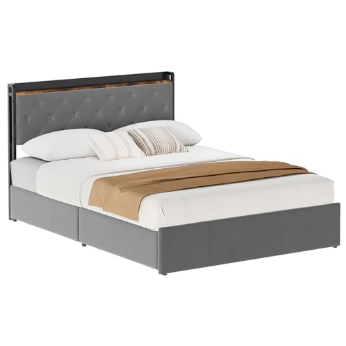 Idealhouse FZZH24032604 Velvet Upholstered Queen Size Platform Bed Frame With 4 Storage Drawers thumb #6