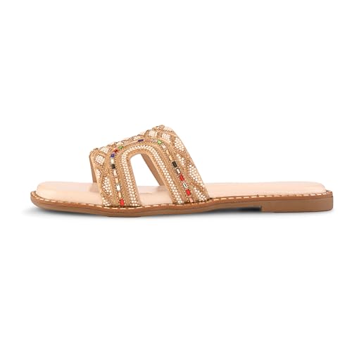 Image of Centrino Women's Beaded Flat Sandals | Stylish Gold Crystal Slip-On with Ornate Cutout Design | Soft Cushioned Footbed |Elegant & Trendy Open Toe Slip-On | Luxury Footwear for Wedding /Party (9301)