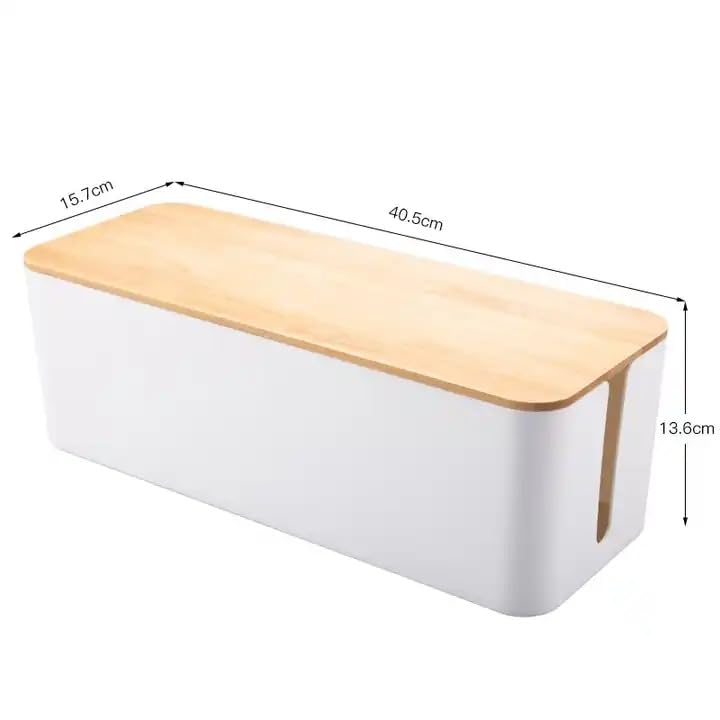 Image of cable wire organizer box cable manager box for office,home (wooden, white big) size: 40.5 * 15.7 * 13.6 cm