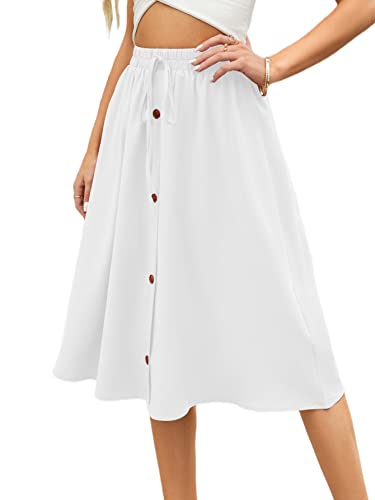Umenlele Women's Casual Elastic Drawstring Tie Knot High Waist A-Line Flowy Midi Skirt White Medium #TOP2