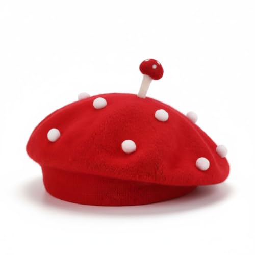 Red Mushroom Beret Hat Christmas Theme Winter Fashion Accessory (US Alpha One Size Red)